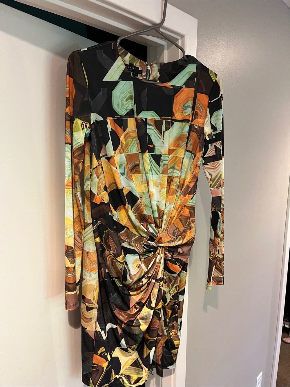 Ted Baker Abstract Knot-Front Long Sleeve Dress in Orange, Brown, Mint